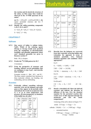 ANSWERS TO SELF-TESTS AND EXERCISES 29
the reaction and (b) sketch the structure of
the anion. (c) How many lines would be
observed in the 19
F-NMR spectrum of the
anion?
(a) SF4 + (CH3)4NF → [(CH3)4N]+
[SF5]−
; (b)
square pyramidal structure; (c) two F
environments.
.13
of iodine is sodium iodate,
O3. Which of the reducing agents
SO (aq) or Sn2+
(aq) would seem practical
S17.2 r IF7?
and
several polyhalides that
to [py–I–py]+
, and describe
orbitals, one bonding, one
Exerci
17.1 reference
erial, write out the halogens and noble
y appear in the periodic table,
16 Identify the sulfur-containing compounds
A, B, C, D, E, and F?
A = S2Cl2, B = S4N4, C = S2N2, D = K2S2O3,
E = S2O6
2−
, F = SO2.
CHAPTER 17
Self-tests
S17.1 One source
NaI
2
from the standpoints of thermodynamic
feasibility and plausible judgements about
cost? Standard potentials are given in
Resource section 3?
Both. SO2 is cheaper.
Predict the 19
F-NMR pattern fo
2 resonances.
S17.3 From the perspective of structure
bonding, indicate
are analogous
their bonding?
Examples include I3
–
, IBr2
–
, ICl2
–
, and IF2
–
.
The three centers contribute four electrons to
three molecular
nonbonding, and one antibonding.
ses
Preferably without consulting
mat
gases as the
and indicate the trends in (a) physical state
(s, l, or g) at room temperature and
pressure, (b) electronegativity, (c) hardness
of the halide ion, (d) color?
Phy
sica
l
Electron
egativit
y
Har
dnes
s of
Col
or
stat
e
hali
de
ion
F
2
hest
(4.0)
light
yell
ow
gas hig hard
est
C
l2
gas lower soft
er
yell
ow-
gree
n
B
r2
liqu
id
lower soft
er
dark
red-
bro
wn
I2 soli
d
lowest soft
est
dark
viol
et
H
e
gas Col
orle
ss
N
e
gas colo
rless
A gas o
r
col
rless
K
r
gas colo
rless
X
e
gas colo
rless
17.2 Describe how the halogens are recovered
from their naturally occurring halides and
rationalize the approach in terms of
CaSO4 + 2 HF
2 KF → 2 K+
HF2
−
2 + 2 KF
Cl2 → X2 + 2 Cl−
(X−
= Br−
,
17.3 ow th
he dir
usion of the ions. Give the chemical
) → Cl2(g) + 2 e
cathod
H2O(l)
standard potentials. Give balanced
chemical equations and conditions where
appropriate?
For F:
F2 + H2SO4 →
2 HF +
2 K+
HF2
−
+ electricity → F2 + H
For Cl:
2 Cl−
+ 2 H2O + electricity → Cl2 + H2 +
2 OH−
For Br and I:
2 X−
+
I−
)
Sketch a choralkali cell. Sh e half-cell
reactions and indicate t ection of
diff
equation for the unwanted reaction that
would occur if OH–
migrated through the
membrane and into the anode
compartment?
A drawing of the cell is shown in Figure 17.3.
anode: 2 Cl−
(aq −
e: 2 H2O(l) + 2 e−
→ 2 OH−
(aq) + H2(g)
- unwanted reaction:
2 OH−
(aq) + Cl2(aq) → ClO−
(aq) +
Cl−
(aq) +
Shriver & Atkins: Inorganic Chemistry 5e
 