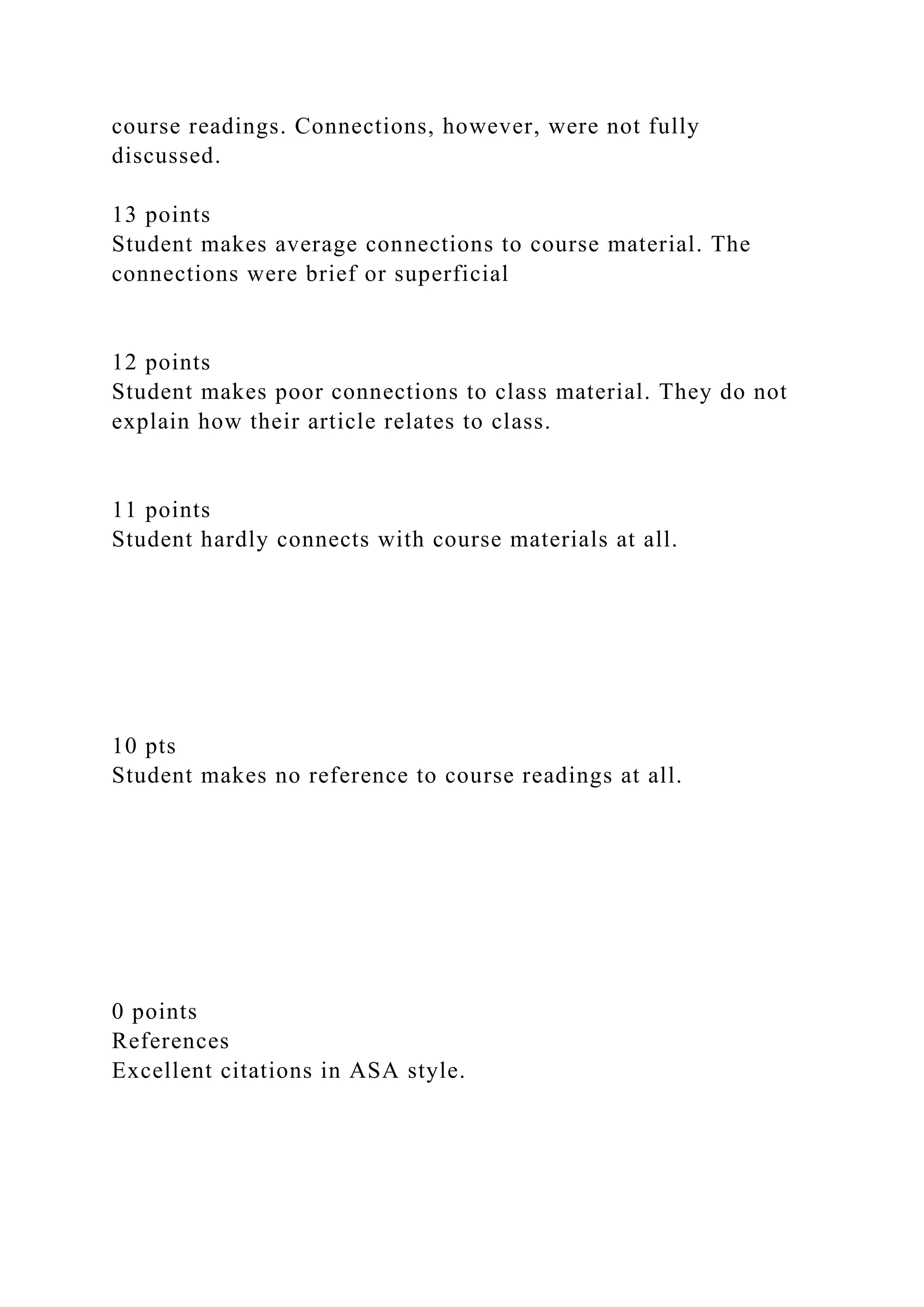 course readings. Connections, however, were not fully
discussed.
13 points
Student makes average connections to course material. The
connections were brief or superficial
12 points
Student makes poor connections to class material. They do not
explain how their article relates to class.
11 points
Student hardly connects with course materials at all.
10 pts
Student makes no reference to course readings at all.
0 points
References
Excellent citations in ASA style.
 