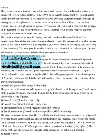 Answer:
The given experiment is related to the bacterial transformation. Bacterial transformation is the
transfer of foreign genetic material (either DNA or RNA) into the recipient cell through direct
uptake from the environment. It is a process involves exchange of genetic material between of
two organisms through non-reproductive mode in contrast to the traditional reproduction
(vertical transfer through sexual or asexual reproduction). It results to the change in the genotype
of the recipient cell due to incorporation of newly acquired DNA into the recipient genome
through either recombination or insertion.
The transformants can be identified using a selective medium. The identification of the
transformants (containing the vector/foreign molecule) require the presence of a suitable marker
genes on the vector molecule, whose expression provides a means of identifying cells containing
it (transformants). The most popular marker used for it are: a) Antibiotic resistant gene, b) colour
substance developing gene, c) galactosidase gene complementation.
In the given experiment 3 markers were used:
a) The vector (pGLO plasmid) contain the gene for Green Fluorescent Protein (GFP) and the
ampicillin resistance gene (which codes for beta-lactamase). Because it shares a bidirectional
promoter with a gene for metabolizing arabinose, the GFP gene is expressed in the presence of
arabinose, which makes the transgenic organism express its fluorescence under UV light. GFP
can be induced in bacteria containing the pGLO plasmid by growing them on +arabinose plates.
b) Ampicillin antibiotic, inhibits the cell wall synthesis. It acts as a competitive inhibitor of the
enzyme transpeptidase.
c) Arabinose (as a carbon source for bacteria).
The genetic transformation resulting to the change the phenotype of the organism (E. coli in case
of the given experiment). The results found after the transformation experiment would be in
observed in 4 type of plates.
1) Control plate (Growth medium only)
2) Control plate (Growth medium+ampicillin)
3) Transformant plate (Growth medium+ampicillin+pGLO)
4) Transformant plate (Growth medium+ampicillin+pGLO+arabinose)
The observations of control plate (E. coli cells before transformantion experiment) might provide
reference data to determine if any genetic transformation has occurred. Thus, we have to record
the a) Number of colonies, b) Size of the colony, c) Color of the colonies, d) Distribution of the
colonies on the plate, e) Visible appearance when viewed with ultraviolet (UV) light), f) The
ability of the cells to survive and multiply in the presence of an antibiotic ampicillin.
Expected Results:
 