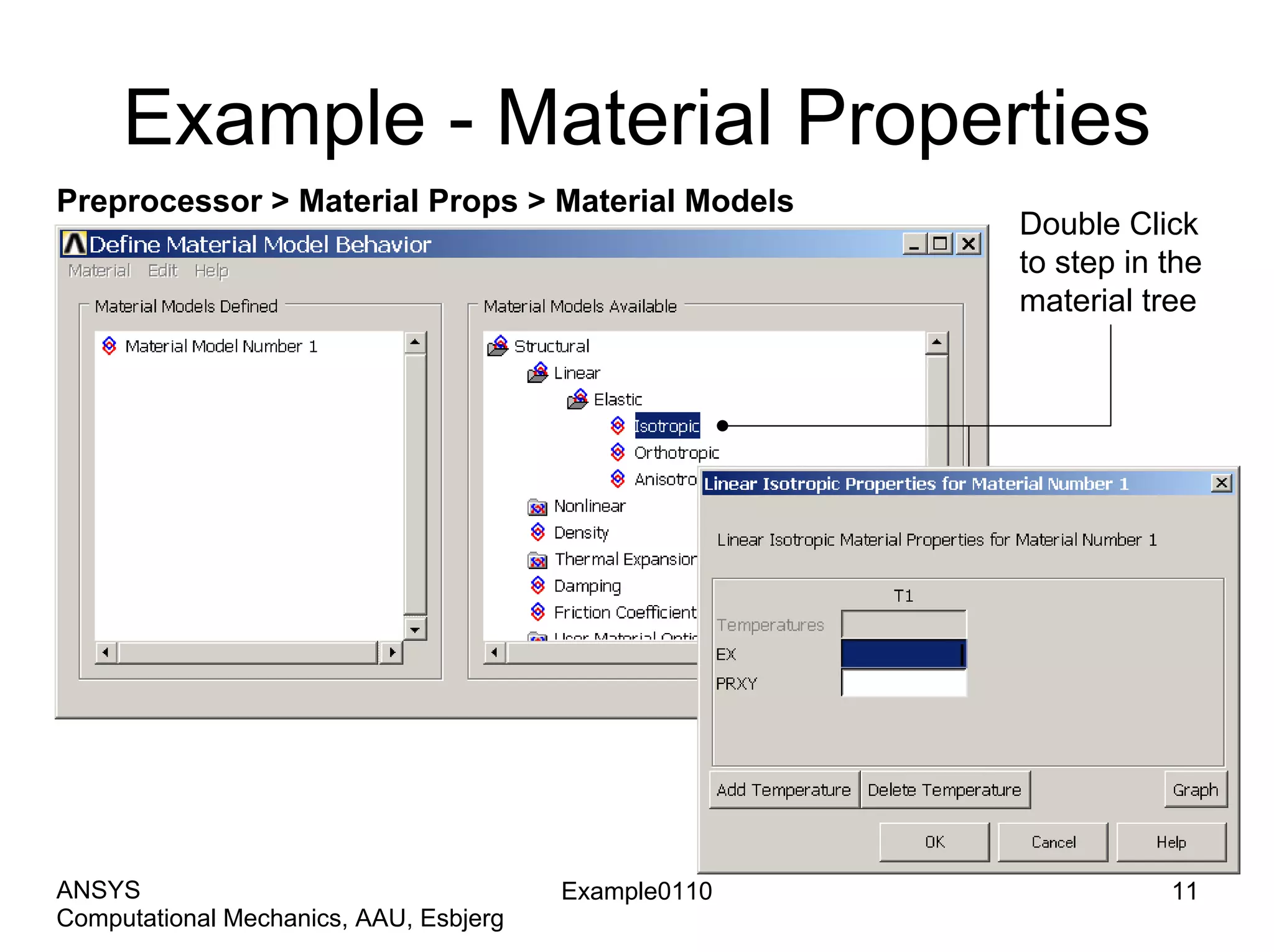 Example - Material Properties
Preprocessor > Material Props > Material Models
Double Click
to step in the
material tree
Example0110 11
Computational Mechanics, AAU, Esbjerg
ANSYS
 
