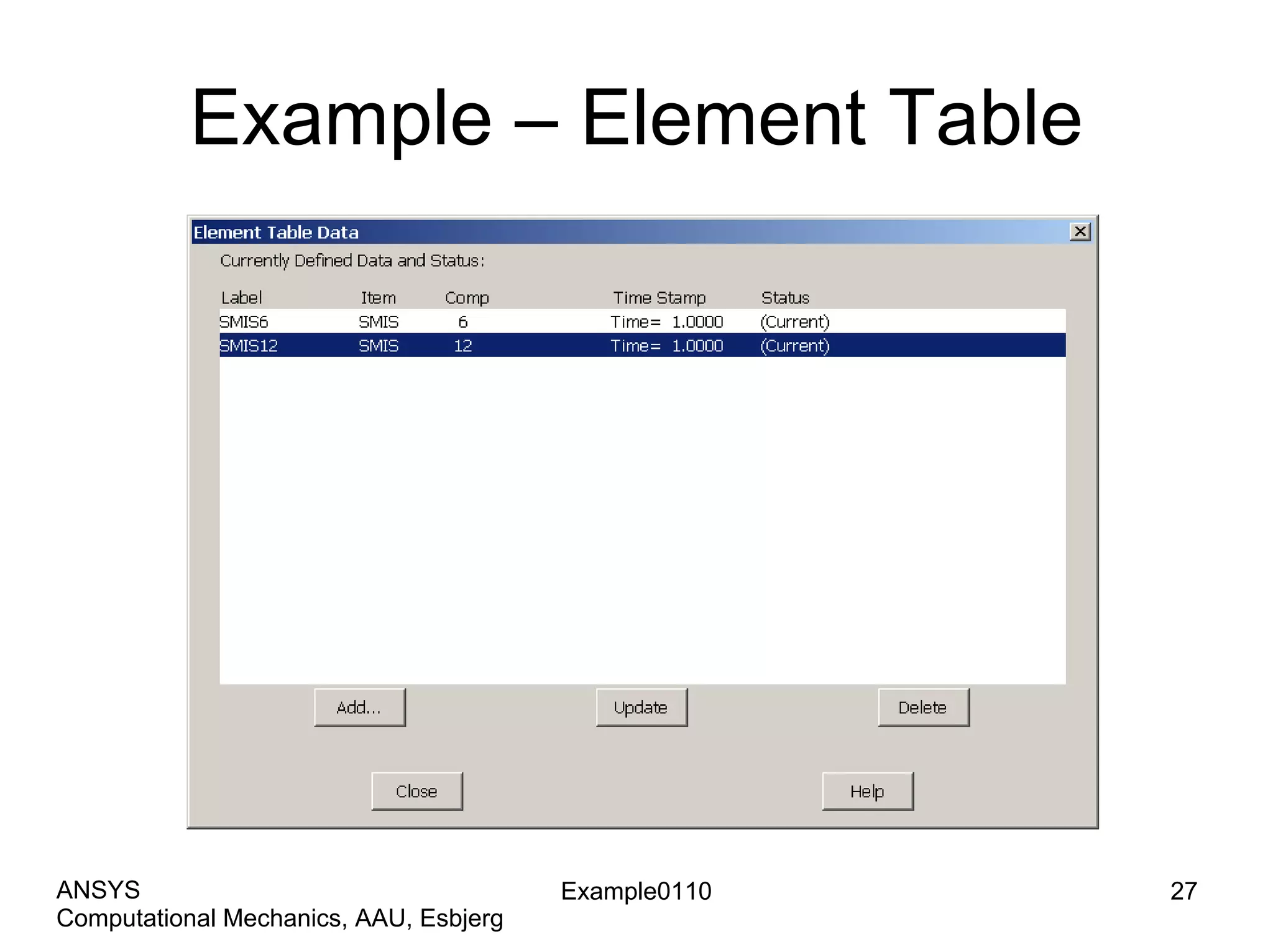 Example – Element Table
Example0110 27
Computational Mechanics, AAU, Esbjerg
ANSYS
 
