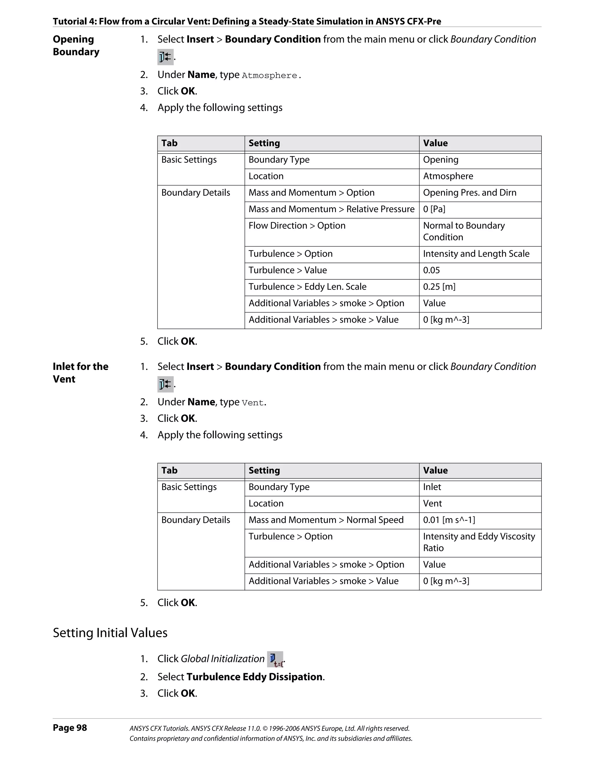 Tutorial 4: Flow from a Circular Vent: Defining a Steady-State Simulation in ANSYS CFX-Pre
Opening             1. Select Insert > Boundary Condition from the main menu or click Boundary Condition
Boundary                        .
                    2. Under Name, type Atmosphere.
                    3. Click OK.
                    4. Apply the following settings


                            Tab                            Setting                                                       Value
                            Basic Settings                 Boundary Type                                                 Opening
                                                           Location                                                      Atmosphere
                            Boundary Details               Mass and Momentum > Option                                    Opening Pres. and Dirn
                                                           Mass and Momentum > Relative Pressure 0 [Pa]
                                                           Flow Direction > Option                                       Normal to Boundary
                                                                                                                         Condition
                                                           Turbulence > Option                                           Intensity and Length Scale
                                                           Turbulence > Value                                            0.05
                                                           Turbulence > Eddy Len. Scale                                  0.25 [m]
                                                           Additional Variables > smoke > Option                         Value
                                                           Additional Variables > smoke > Value                          0 [kg m^-3]

                    5. Click OK.

Inlet for the       1. Select Insert > Boundary Condition from the main menu or click Boundary Condition
Vent                            .
                    2. Under Name, type Vent.
                    3. Click OK.
                    4. Apply the following settings


                            Tab                            Setting                                                       Value
                            Basic Settings                 Boundary Type                                                 Inlet
                                                           Location                                                      Vent
                            Boundary Details               Mass and Momentum > Normal Speed                              0.01 [m s^-1]
                                                           Turbulence > Option                                           Intensity and Eddy Viscosity
                                                                                                                         Ratio
                                                           Additional Variables > smoke > Option                         Value
                                                           Additional Variables > smoke > Value                          0 [kg m^-3]

                    5. Click OK.

Setting Initial Values
                    1. Click Global Initialization                     .
                    2. Select Turbulence Eddy Dissipation.
                    3. Click OK.


Page 98          ANSYS CFX Tutorials. ANSYS CFX Release 11.0. © 1996-2006 ANSYS Europe, Ltd. All rights reserved.
                 Contains proprietary and confidential information of ANSYS, Inc. and its subsidiaries and affiliates.
 