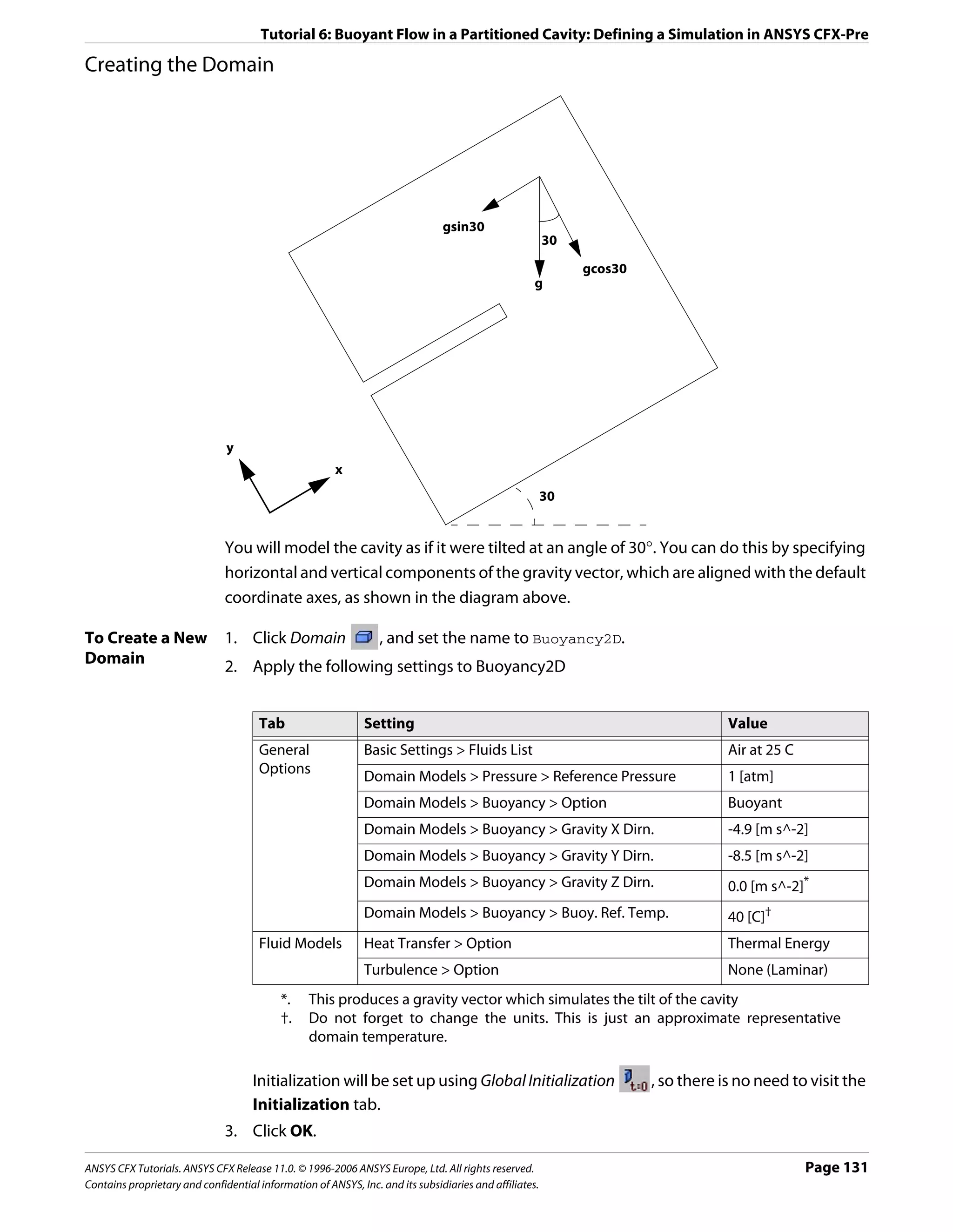 Tutorial 6: Buoyant Flow in a Partitioned Cavity: Defining a Simulation in ANSYS CFX-Pre

Creating the Domain




                                                                               gsin30
                                                                                                        30

                                                                                                             gcos30
                                                                                                    g




                               y
                                                       x
                                                                                                        30


                               You will model the cavity as if it were tilted at an angle of 30°. You can do this by specifying
                               horizontal and vertical components of the gravity vector, which are aligned with the default
                               coordinate axes, as shown in the diagram above.

To Create a New                1. Click Domain                   , and set the name to Buoyancy2D.
Domain                         2. Apply the following settings to Buoyancy2D


                                      Tab                     Setting                                                             Value
                                      General                 Basic Settings > Fluids List                                        Air at 25 C
                                      Options                 Domain Models > Pressure > Reference Pressure                       1 [atm]
                                                              Domain Models > Buoyancy > Option                                   Buoyant
                                                              Domain Models > Buoyancy > Gravity X Dirn.                          -4.9 [m s^-2]
                                                              Domain Models > Buoyancy > Gravity Y Dirn.                          -8.5 [m s^-2]
                                                              Domain Models > Buoyancy > Gravity Z Dirn.                          0.0 [m s^-2]*
                                                              Domain Models > Buoyancy > Buoy. Ref. Temp.                         40 [C]†
                                      Fluid Models            Heat Transfer > Option                                              Thermal Energy
                                                              Turbulence > Option                                                 None (Laminar)
                                           *.    This produces a gravity vector which simulates the tilt of the cavity
                                           †.    Do not forget to change the units. This is just an approximate representative
                                                 domain temperature.

                                     Initialization will be set up using Global Initialization                        , so there is no need to visit the
                                     Initialization tab.
                               3. Click OK.

ANSYS CFX Tutorials. ANSYS CFX Release 11.0. © 1996-2006 ANSYS Europe, Ltd. All rights reserved.                                                Page 131
Contains proprietary and confidential information of ANSYS, Inc. and its subsidiaries and affiliates.
 