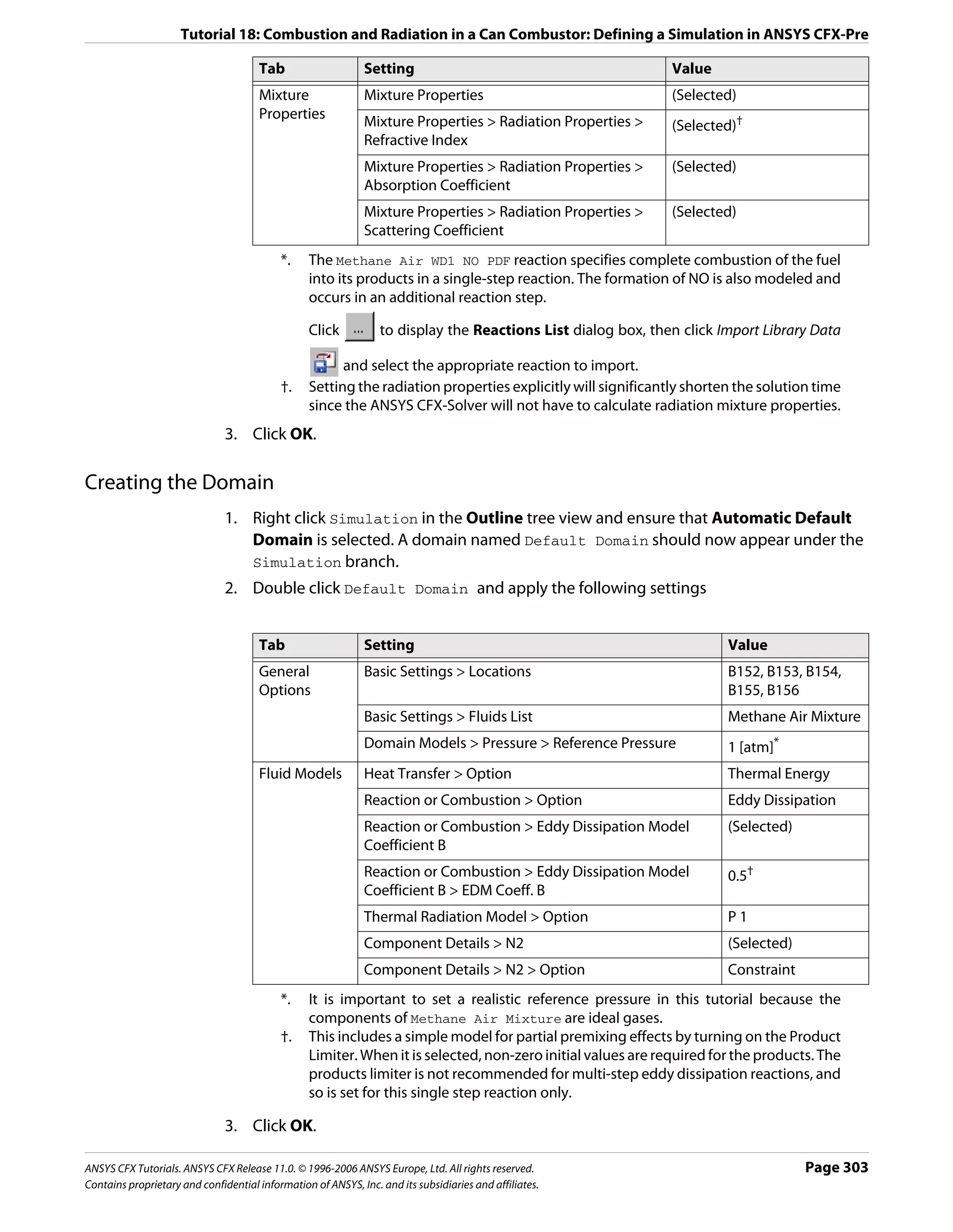 Tutorial 18: Combustion and Radiation in a Can Combustor: Defining a Simulation in ANSYS CFX-Pre

                                      Tab                     Setting                                         Value
                                      Mixture                 Mixture Properties                              (Selected)
                                      Properties              Mixture Properties > Radiation Properties >     (Selected)†
                                                              Refractive Index
                                                              Mixture Properties > Radiation Properties >     (Selected)
                                                              Absorption Coefficient
                                                              Mixture Properties > Radiation Properties >     (Selected)
                                                              Scattering Coefficient
                                           *.    The Methane Air WD1 NO PDF reaction specifies complete combustion of the fuel
                                                 into its products in a single-step reaction. The formation of NO is also modeled and
                                                 occurs in an additional reaction step.

                                                 Click           to display the Reactions List dialog box, then click Import Library Data

                                                       and select the appropriate reaction to import.
                                           †.    Setting the radiation properties explicitly will significantly shorten the solution time
                                                 since the ANSYS CFX-Solver will not have to calculate radiation mixture properties.
                               3. Click OK.

Creating the Domain
                               1. Right click Simulation in the Outline tree view and ensure that Automatic Default
                                  Domain is selected. A domain named Default Domain should now appear under the
                                  Simulation branch.
                               2. Double click Default Domain and apply the following settings


                                      Tab                     Setting                                                  Value
                                      General                 Basic Settings > Locations                               B152, B153, B154,
                                      Options                                                                          B155, B156
                                                              Basic Settings > Fluids List                             Methane Air Mixture
                                                              Domain Models > Pressure > Reference Pressure            1 [atm]*
                                      Fluid Models            Heat Transfer > Option                                   Thermal Energy
                                                              Reaction or Combustion > Option                          Eddy Dissipation
                                                              Reaction or Combustion > Eddy Dissipation Model          (Selected)
                                                              Coefficient B
                                                              Reaction or Combustion > Eddy Dissipation Model          0.5†
                                                              Coefficient B > EDM Coeff. B
                                                              Thermal Radiation Model > Option                         P1
                                                              Component Details > N2                                   (Selected)
                                                              Component Details > N2 > Option                          Constraint
                                           *.    It is important to set a realistic reference pressure in this tutorial because the
                                                 components of Methane Air Mixture are ideal gases.
                                           †.    This includes a simple model for partial premixing effects by turning on the Product
                                                 Limiter. When it is selected, non-zero initial values are required for the products. The
                                                 products limiter is not recommended for multi-step eddy dissipation reactions, and
                                                 so is set for this single step reaction only.

                               3. Click OK.

ANSYS CFX Tutorials. ANSYS CFX Release 11.0. © 1996-2006 ANSYS Europe, Ltd. All rights reserved.                                    Page 303
Contains proprietary and confidential information of ANSYS, Inc. and its subsidiaries and affiliates.
 