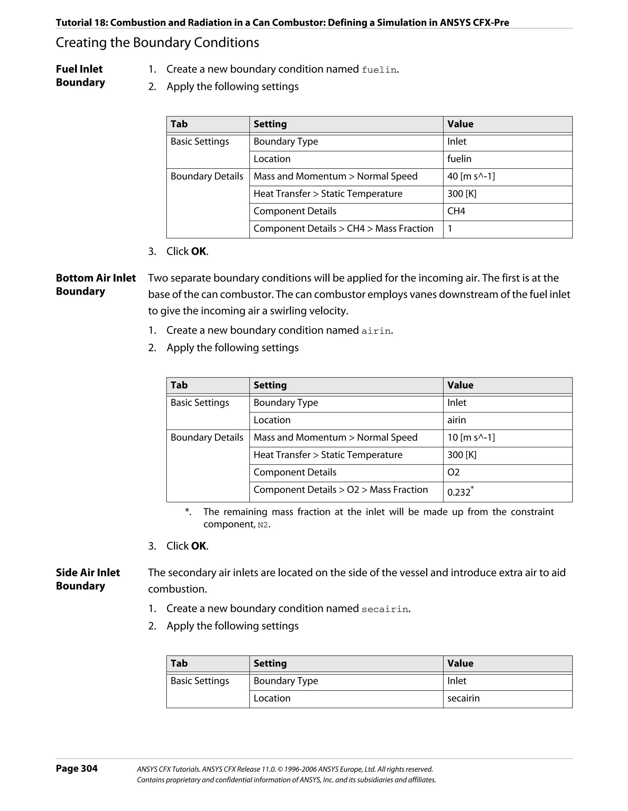 Tutorial 18: Combustion and Radiation in a Can Combustor: Defining a Simulation in ANSYS CFX-Pre

Creating the Boundary Conditions
Fuel Inlet            1. Create a new boundary condition named fuelin.
Boundary              2. Apply the following settings


                              Tab                         Setting                                                          Value
                              Basic Settings              Boundary Type                                                    Inlet
                                                          Location                                                         fuelin
                              Boundary Details            Mass and Momentum > Normal Speed                                 40 [m s^-1]
                                                          Heat Transfer > Static Temperature                               300 [K]
                                                          Component Details                                                CH4
                                                          Component Details > CH4 > Mass Fraction                          1

                      3. Click OK.

Bottom Air Inlet      Two separate boundary conditions will be applied for the incoming air. The first is at the
Boundary              base of the can combustor. The can combustor employs vanes downstream of the fuel inlet
                      to give the incoming air a swirling velocity.
                      1. Create a new boundary condition named airin.
                      2. Apply the following settings


                              Tab                         Setting                                                          Value
                              Basic Settings              Boundary Type                                                    Inlet
                                                          Location                                                         airin
                              Boundary Details            Mass and Momentum > Normal Speed                                 10 [m s^-1]
                                                          Heat Transfer > Static Temperature                               300 [K]
                                                          Component Details                                                O2
                                                          Component Details > O2 > Mass Fraction                           0.232*
                                   *.    The remaining mass fraction at the inlet will be made up from the constraint
                                         component, N2.

                      3. Click OK.

Side Air Inlet        The secondary air inlets are located on the side of the vessel and introduce extra air to aid
Boundary              combustion.
                      1. Create a new boundary condition named secairin.
                      2. Apply the following settings


                              Tab                         Setting                                                          Value
                              Basic Settings              Boundary Type                                                    Inlet
                                                          Location                                                         secairin




Page 304           ANSYS CFX Tutorials. ANSYS CFX Release 11.0. © 1996-2006 ANSYS Europe, Ltd. All rights reserved.
                   Contains proprietary and confidential information of ANSYS, Inc. and its subsidiaries and affiliates.
 