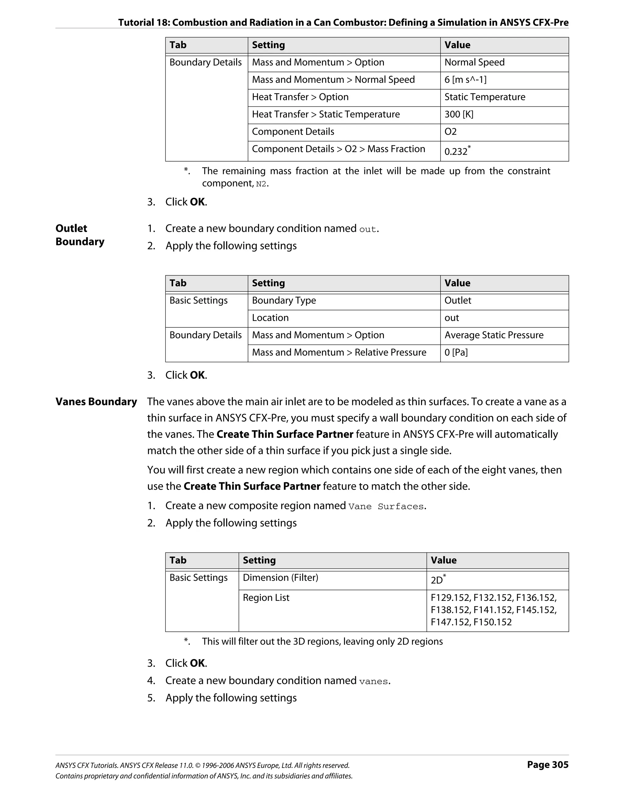 Tutorial 18: Combustion and Radiation in a Can Combustor: Defining a Simulation in ANSYS CFX-Pre

                                      Tab                         Setting                                       Value
                                      Boundary Details            Mass and Momentum > Option                    Normal Speed
                                                                  Mass and Momentum > Normal Speed              6 [m s^-1]
                                                                  Heat Transfer > Option                        Static Temperature
                                                                  Heat Transfer > Static Temperature            300 [K]
                                                                  Component Details                             O2
                                                                  Component Details > O2 > Mass Fraction        0.232*
                                           *.    The remaining mass fraction at the inlet will be made up from the constraint
                                                 component, N2.
                               3. Click OK.

Outlet                         1. Create a new boundary condition named out.
Boundary                       2. Apply the following settings


                                      Tab                         Setting                                       Value
                                      Basic Settings              Boundary Type                                 Outlet
                                                                  Location                                      out
                                      Boundary Details            Mass and Momentum > Option                    Average Static Pressure
                                                                  Mass and Momentum > Relative Pressure         0 [Pa]

                               3. Click OK.

Vanes Boundary The vanes above the main air inlet are to be modeled as thin surfaces. To create a vane as a
               thin surface in ANSYS CFX-Pre, you must specify a wall boundary condition on each side of
               the vanes. The Create Thin Surface Partner feature in ANSYS CFX-Pre will automatically
               match the other side of a thin surface if you pick just a single side.
                               You will first create a new region which contains one side of each of the eight vanes, then
                               use the Create Thin Surface Partner feature to match the other side.
                               1. Create a new composite region named Vane Surfaces.
                               2. Apply the following settings


                                      Tab                      Setting                                     Value
                                      Basic Settings           Dimension (Filter)                          2D*
                                                               Region List                                 F129.152, F132.152, F136.152,
                                                                                                           F138.152, F141.152, F145.152,
                                                                                                           F147.152, F150.152
                                           *.    This will filter out the 3D regions, leaving only 2D regions

                               3. Click OK.
                               4. Create a new boundary condition named vanes.
                               5. Apply the following settings




ANSYS CFX Tutorials. ANSYS CFX Release 11.0. © 1996-2006 ANSYS Europe, Ltd. All rights reserved.                                     Page 305
Contains proprietary and confidential information of ANSYS, Inc. and its subsidiaries and affiliates.
 