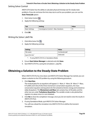 Tutorial 4: Flow from a Circular Vent: Obtaining a Solution to the Steady-State Problem

Setting Solver Control
                               ANSYS CFX-Solver has the ability to calculate physical timestep size for steady-state
                               problems. If you do not know the time step size to set for your problem, you can use the
                               Auto Timescale option.

                               1. Click Solver Control                   .
                               2. Apply the following settings


                                      Tab                            Setting                                              Value
                                      Basic Settings                 Convergence Control > Max. Iterations                75

                               3. Click OK.

Writing the Solver (.def) File
                               1. Click Write Solver File                    .
                               2. Apply the following settings


                                      Setting                                                           Value
                                      File name                                                         CircVentIni.def
                                      Quit CFX–Pre       *                                              (Selected)

                                           *.    If using ANSYS CFX-Pre in Standalone Mode.

                               3. Ensure Start Solver Manager is selected and click Save.
                               4. Quit ANSYS CFX-Pre, saving the simulation (.cfx) file.



Obtaining a Solution to the Steady-State Problem
                               When ANSYS CFX-Pre has shut down and ANSYS CFX-Solver Manager has started, you can
                               obtain a solution to the CFD problem by using the following procedure.
                               1. Click Start Run.
                                  The residual plots for six equations will appear: U - Mom, V - Mom, W - Mom, P - Mass,
                                  K-TurbKE and E-Diss.K (the three momentum conservation equations, the mass
                                  conservation equation and equations for the turbulence kinetic energy and turbulence
                                  eddy dissipation). The Momentum and Mass tab contains four of the plots and the
                                  other two are under Turbulence Quantities. The variable smoke is also plotted but
                                  registers no values since it is not initialized.
                               2. Click No to close the completion message, since you do not need to view the results in
                                  ANSYS CFX-Post.
                               3. If using Standalone Mode, quit ANSYS CFX-Solver Manager.
                                     You will now reload the simulation into ANSYS CFX-Pre to define the transient
                                     simulation.



ANSYS CFX Tutorials. ANSYS CFX Release 11.0. © 1996-2006 ANSYS Europe, Ltd. All rights reserved.                                  Page 99
Contains proprietary and confidential information of ANSYS, Inc. and its subsidiaries and affiliates.
 