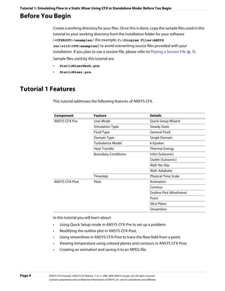 Tutorial 1: Simulating Flow in a Static Mixer Using CFX in Standalone Mode: Before You Begin

Before You Begin
                    Create a working directory for your files. Once this is done, copy the sample files used in this
                    tutorial to your working directory from the installation folder for your software
                    (<CFXROOT>/examples/ (for example, C:Program FilesANSYS
                    Incv110CFXexamples)) to avoid overwriting source files provided with your
                    installation. If you plan to use a session file, please refer to Playing a Session File (p. 7).
                    Sample files used by this tutorial are:
                    •     StaticMixerMesh.gtm
                    •     StaticMixer.pre




Tutorial 1 Features
                    This tutorial addresses the following features of ANSYS CFX.


                     Component                             Feature                                              Details
                     ANSYS CFX-Pre                         User Mode                                            Quick Setup Wizard
                                                           Simulation Type                                      Steady State
                                                           Fluid Type                                           General Fluid
                                                           Domain Type                                          Single Domain
                                                           Turbulence Model                                     k-Epsilon
                                                           Heat Transfer                                        Thermal Energy
                                                           Boundary Conditions                                  Inlet (Subsonic)
                                                                                                                Outlet (Subsonic)
                                                                                                                Wall: No-Slip
                                                                                                                Wall: Adiabatic
                                                           Timestep                                             Physical Time Scale
                     ANSYS CFX-Post                        Plots                                                Animation
                                                                                                                Contour
                                                                                                                Outline Plot (Wireframe)
                                                                                                                Point
                                                                                                                Slice Plane
                                                                                                                Streamline

                    In this tutorial you will learn about:
                    •     Using Quick Setup mode in ANSYS CFX-Pre to set up a problem.
                    •     Modifying the outline plot in ANSYS CFX-Post.
                    •     Using streamlines in ANSYS CFX-Post to trace the flow field from a point.
                    •     Viewing temperature using colored planes and contours in ANSYS CFX-Post.
                    •     Creating an animation and saving it to an MPEG file.




Page 4           ANSYS CFX Tutorials. ANSYS CFX Release 11.0. © 1996-2006 ANSYS Europe, Ltd. All rights reserved.
                 Contains proprietary and confidential information of ANSYS, Inc. and its subsidiaries and affiliates.
 