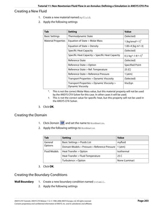 Tutorial 11: Non-Newtonian Fluid Flow in an Annulus: Defining a Simulation in ANSYS CFX-Pre

Creating a New Fluid
                               1. Create a new material named myfluid.
                               2. Apply the following settings


                                      Tab                            Setting                                              Value
                                      Basic Settings                 Thermodynamic State                                  (Selected)
                                      Material Properties            Equation of State > Molar Mass                       1 [kg kmol^-1]*
                                                                     Equation of State > Density                          1.0E+4 [kg m^-3]
                                                                     Specific Heat Capacity                               (Selected)
                                                                     Specific Heat Capacity > Specific Heat Capacity      0 [J kg^-1 K^-1]†
                                                                     Reference State                                      (Selected)
                                                                     Reference State > Option                             Specified Point
                                                                     Reference State > Ref. Temperature                   25 [C]
                                                                     Reference State > Reference Pressure                 1 [atm]
                                                                     Transport Properties > Dynamic Viscosity             (Selected)
                                                                     Transport Properties > Dynamic Viscosity >           ViscEqn
                                                                     Dynamic Viscosity
                                           *.    This is not the correct Molar Mass value, but this material property will not be used
                                                 by the ANSYS CFX-Solver for this case. In other cases it will be used.
                                           †.    This is not the correct value for specific heat, but this property will not be used in
                                                 the ANSYS CFX-Solver.

                               3. Click OK.

Creating the Domain

                               1. Click Domain                    and set the name to NonNewton.
                               2. Apply the following settings to NonNewton


                                      Tab                     Setting                                             Value
                                      General                 Basic Settings > Fluids List                        myfluid
                                      Options                 Domain Models > Pressure > Reference Pressure 1 [atm]
                                      Fluid Models            Heat Transfer > Option                              Isothermal
                                                              Heat Transfer > Fluid Temperature                   25 C
                                                              Turbulence > Option                                 None (Laminar)

                               3. Click OK.

Creating the Boundary Conditions
Wall Boundary                  1. Create a new boundary condition named rotwall.
                               2. Apply the following settings



ANSYS CFX Tutorials. ANSYS CFX Release 11.0. © 1996-2006 ANSYS Europe, Ltd. All rights reserved.                                       Page 203
Contains proprietary and confidential information of ANSYS, Inc. and its subsidiaries and affiliates.
 