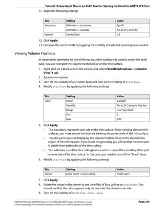 Tutorial 16: Gas-Liquid Flow in an Airlift Reactor: Viewing the Results in ANSYS CFX-Post
                               11. Apply the following settings


                                         Tab                      Setting                               Value
                                         Geometry                 Definition > Locations                SymP1
                                                                  Definition > Variable                 Air at 25 C.Velocity
                                         Symbol                   Symbol Size                           0.3

                               12. Click Apply.
                               13. Compare the vector fields by toggling the visibility of each and zooming in as needed.

Viewing Volume Fractions
                               In creating the geometry for the airlift reactor, a thin surface was used to model the draft
                               tube. You will next plot the volume fraction of air on the thin surface.
                               1. Right-click on a blank area in the viewer, and select Predefined Camera > Isometric
                                  View (Y up).
                               2. Zoom in as required.
                               3. Turn off the visibility of any vector plots and turn on the visibility of DraftTube.
                               4. Modify DraftTube by applying the following settings


                                         Tab                      Setting                               Value
                                         Color                    Mode                                  Variable
                                                                  Variable                              Air at 25 C.Volume Fraction
                                                                  Range                                 User Specified
                                                                  Min                                   0
                                                                  Max                                   0.02

                               5. Click Apply.
                                     •      This boundary represents one side of the thin surface. When viewing plots on thin
                                            surfaces, you must ensure that you are viewing the correct side of the thin surface.
                                     •      The plot just created is displaying the volume fraction for air in the downcomer
                                            region of the airlift reactor. If you rotate the geometry you will see that the same plot
                                            is visible from both sides of the thin surface.
                                     •      You will make use of the face culling feature whichs turns off the visibility of the plot
                                            on one side of the thin surface. In this case, you need to turn off the “front” faces.
                               6. Modify DraftTube by applying the following settings


                                         Tab                      Setting                               Value
                                         Render                   Draw Faces > Face Culling             Front Faces

                               7. Click Apply.
                               8. Rotate the image in the viewer to see the effect of face culling on DraftTube. You
                                  should see that the color appears only on one side: the downcomer side.
                               9. Turn on the visibility of DraftTube Other Side.

ANSYS CFX Tutorials. ANSYS CFX Release 11.0. © 1996-2006 ANSYS Europe, Ltd. All rights reserved.                               Page 279
Contains proprietary and confidential information of ANSYS, Inc. and its subsidiaries and affiliates.
 