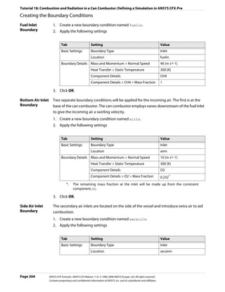 Tutorial 18: Combustion and Radiation in a Can Combustor: Defining a Simulation in ANSYS CFX-Pre

Creating the Boundary Conditions
Fuel Inlet            1. Create a new boundary condition named fuelin.
Boundary              2. Apply the following settings


                              Tab                         Setting                                                          Value
                              Basic Settings              Boundary Type                                                    Inlet
                                                          Location                                                         fuelin
                              Boundary Details            Mass and Momentum > Normal Speed                                 40 [m s^-1]
                                                          Heat Transfer > Static Temperature                               300 [K]
                                                          Component Details                                                CH4
                                                          Component Details > CH4 > Mass Fraction                          1

                      3. Click OK.

Bottom Air Inlet      Two separate boundary conditions will be applied for the incoming air. The first is at the
Boundary              base of the can combustor. The can combustor employs vanes downstream of the fuel inlet
                      to give the incoming air a swirling velocity.
                      1. Create a new boundary condition named airin.
                      2. Apply the following settings


                              Tab                         Setting                                                          Value
                              Basic Settings              Boundary Type                                                    Inlet
                                                          Location                                                         airin
                              Boundary Details            Mass and Momentum > Normal Speed                                 10 [m s^-1]
                                                          Heat Transfer > Static Temperature                               300 [K]
                                                          Component Details                                                O2
                                                          Component Details > O2 > Mass Fraction                           0.232*
                                   *.    The remaining mass fraction at the inlet will be made up from the constraint
                                         component, N2.

                      3. Click OK.

Side Air Inlet        The secondary air inlets are located on the side of the vessel and introduce extra air to aid
Boundary              combustion.
                      1. Create a new boundary condition named secairin.
                      2. Apply the following settings


                              Tab                         Setting                                                          Value
                              Basic Settings              Boundary Type                                                    Inlet
                                                          Location                                                         secairin




Page 304           ANSYS CFX Tutorials. ANSYS CFX Release 11.0. © 1996-2006 ANSYS Europe, Ltd. All rights reserved.
                   Contains proprietary and confidential information of ANSYS, Inc. and its subsidiaries and affiliates.
 