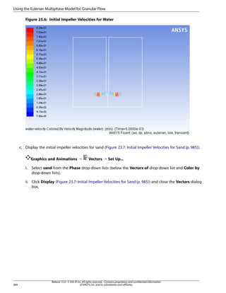 Using the Eulerian Multiphase Model for Granular Flow
Figure 23.6: Initial Impeller Velocities for Water

c. Display the initial impeller velocities for sand (Figure 23.7: Initial Impeller Velocities for Sand (p. 985)).
Graphics and Animations ¡
i.

Vectors ¡ Set Up...

Select sand from the Phase drop-down lists (below the Vectors of drop-down list and Color by
drop-down lists).

ii. Click Display (Figure 23.7: Initial Impeller Velocities for Sand (p. 985)) and close the Vectors dialog
box.

984

Release 15.0 - © SAS IP, Inc. All rights reserved. - Contains proprietary and confidential information
of ANSYS, Inc. and its subsidiaries and affiliates.

 
