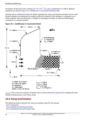 Modeling Solidification

£

the bottom of the bowl with a velocity of
and a temperature of 1300
× −
properties are listed in Figure 24.1: Solidification in Czochralski Model (p. 996).

. Material

¡  ¢

Starting with an existing 2D mesh, the details regarding the setup and solution procedure for the solidification problem are presented. The steady conduction solution for this problem is computed as an
initial condition. Then, the fluid flow is enabled to investigate the effect of natural and Marangoni
convection in a transient fashion.
Figure 24.1: Solidification in Czochralski Model

is the mushy zone constant. For details refer to section Momentum Equations for modeling the solidification/melting process, in the Theory Guide.

¨§¦¥ ¤

24.4. Setup and Solution
The following sections describe the setup and solution steps for this tutorial:
24.4.1. Preparation
24.4.2. Reading and Checking the Mesh
24.4.3. Specifying Solver and Analysis Type

996

Release 15.0 - © SAS IP, Inc. All rights reserved. - Contains proprietary and confidential information
of ANSYS, Inc. and its subsidiaries and affiliates.

 