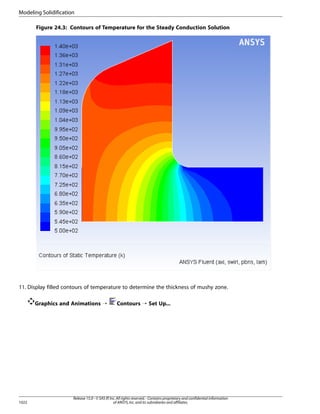 Modeling Solidification
Figure 24.3: Contours of Temperature for the Steady Conduction Solution

11. Display filled contours of temperature to determine the thickness of mushy zone.
Graphics and Animations ¡

1022

Contours ¡ Set Up...

Release 15.0 - © SAS IP, Inc. All rights reserved. - Contains proprietary and confidential information
of ANSYS, Inc. and its subsidiaries and affiliates.

 