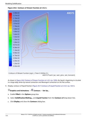 Modeling Solidification
Figure 24.6: Contours of Stream Function at t=0.2 s

As shown in Figure 24.6: Contours of Stream Function at t=0.2 s (p. 1030), the liquid is beginning to circulate
in a large eddy, driven by natural convection and Marangoni convection on the free surface.
9. Display contours of liquid fraction (Figure 24.7: Contours of Liquid Fraction at t=0.2 s (p. 1031)).
Graphics and Animations ¡

Contours ¡ Set Up...

a. Enable Filled in the Options group box.
b. Select Solidification/Melting... and Liquid Fraction from the Contours of drop-down lists.
c. Click Display and close the Contours dialog box.

1030

Release 15.0 - © SAS IP, Inc. All rights reserved. - Contains proprietary and confidential information
of ANSYS, Inc. and its subsidiaries and affiliates.

 