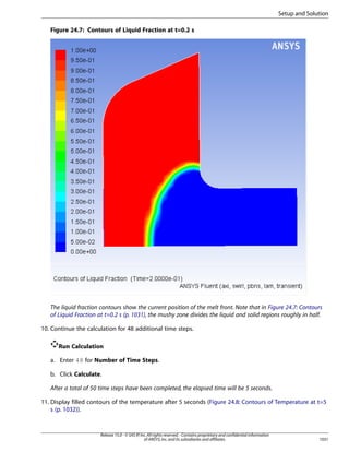 Setup and Solution
Figure 24.7: Contours of Liquid Fraction at t=0.2 s

The liquid fraction contours show the current position of the melt front. Note that in Figure 24.7: Contours
of Liquid Fraction at t=0.2 s (p. 1031), the mushy zone divides the liquid and solid regions roughly in half.
10. Continue the calculation for 48 additional time steps.
Run Calculation
a. Enter 48 for Number of Time Steps.
b. Click Calculate.
After a total of 50 time steps have been completed, the elapsed time will be 5 seconds.
11. Display filled contours of the temperature after 5 seconds (Figure 24.8: Contours of Temperature at t=5
s (p. 1032)).

Release 15.0 - © SAS IP, Inc. All rights reserved. - Contains proprietary and confidential information
of ANSYS, Inc. and its subsidiaries and affiliates.

1031

 