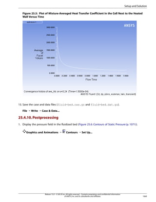 Setup and Solution
Figure 25.5: Plot of Mixture-Averaged Heat Transfer Coefficient in the Cell Next to the Heated
Wall Versus Time

13. Save the case and data files (fluid-bed.cas.gz and fluid-bed.dat.gz).
File ¡ Write ¡ Case  Data...

25.4.10. Postprocessing
1. Display the pressure field in the fluidized bed (Figure 25.6: Contours of Static Pressure (p. 1071)).
Graphics and Animations ¡

Contours ¡ Set Up...

Release 15.0 - © SAS IP, Inc. All rights reserved. - Contains proprietary and confidential information
of ANSYS, Inc. and its subsidiaries and affiliates.

1069

 