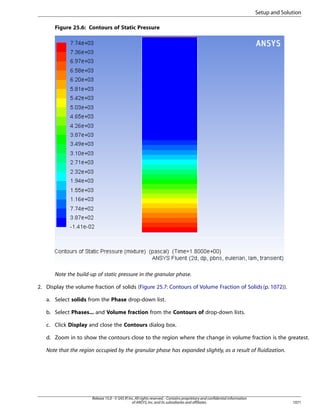 Setup and Solution
Figure 25.6: Contours of Static Pressure

Note the build-up of static pressure in the granular phase.
2. Display the volume fraction of solids (Figure 25.7: Contours of Volume Fraction of Solids (p. 1072)).
a. Select solids from the Phase drop-down list.
b. Select Phases... and Volume fraction from the Contours of drop-down lists.
c. Click Display and close the Contours dialog box.
d. Zoom in to show the contours close to the region where the change in volume fraction is the greatest.
Note that the region occupied by the granular phase has expanded slightly, as a result of fluidization.

Release 15.0 - © SAS IP, Inc. All rights reserved. - Contains proprietary and confidential information
of ANSYS, Inc. and its subsidiaries and affiliates.

1071

 