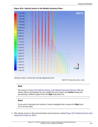 Setup and Solution
Figure 26.9: Velocity Vectors in the Module Symmetry Plane

Note
The vectors in Figure 26.9: Velocity Vectors in the Module Symmetry Plane (p. 1095) are
shown without arrowheads. You can modify the arrow style in the Vectors dialog box
by selecting a different option from the Style drop-down list.

Extra
If you want to decrease the number of vectors displayed, then increase the Skip factor
to a non-zero value.

3. Plot velocity vectors in the horizontal plane intersecting the module (Figure 26.10: Velocity Vectors Intersecting the Surface (p. 1097)).

Release 15.0 - © SAS IP, Inc. All rights reserved. - Contains proprietary and confidential information
of ANSYS, Inc. and its subsidiaries and affiliates.

1095

 