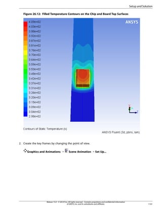 Setup and Solution
Figure 26.12: Filled Temperature Contours on the Chip and Board Top Surfaces

2. Create the key frames by changing the point of view.
Graphics and Animations ¡

Scene Animation ¡ Set Up...

Release 15.0 - © SAS IP, Inc. All rights reserved. - Contains proprietary and confidential information
of ANSYS, Inc. and its subsidiaries and affiliates.

1101

 