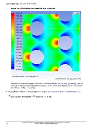 Modeling Periodic Flow and Heat Transfer
Figure 4.4: Contours of Static Pressure with Symmetry

The pressure contours displayed in Figure 4.4: Contours of Static Pressure with Symmetry (p. 212) do
not include the linear pressure gradient computed by the solver. Thus, the contours are periodic at
the inlet and outflow boundaries.
2. Display filled contours of static temperature (Figure 4.5: Contours of Static Temperature (p. 214)).
Graphics and Animations ¡

212

Contours ¡ Set Up...

Release 15.0 - © SAS IP, Inc. All rights reserved. - Contains proprietary and confidential information
of ANSYS, Inc. and its subsidiaries and affiliates.

 