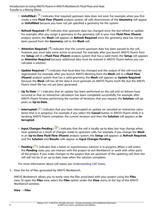 Introduction to Using ANSYS Fluent in ANSYS Workbench: Fluid Flow and Heat
Transfer in a Mixing Elbow
• Unfulfilled ( ) indicates that required upstream data does not exist. For example, when you first
create a new Fluid Flow (Fluent) analysis system, all cells downstream of the Geometry cell appear
as Unfulfilled because you have not yet specified a geometry for the system.
• Refresh Required ( ) indicates that upstream data has changed since the last refresh or update.
For example, after you assign a geometry to the geometry cell in your new Fluid Flow (Fluent)
analysis system, the Mesh cell appears as Refresh Required since the geometry data has not yet
been passed from the Geometry cell to the Mesh cell.
• Attention Required ( ) indicates that the current upstream data has been passed to the cell,
however, you must take some action to proceed. For example, after you launch ANSYS Fluent from
the Setup cell in a Fluid Flow (Fluent) analysis system that has a valid mesh, the Setup cell appears
as Attention Required because additional data must be entered in ANSYS Fluent before you can
calculate a solution.
• Update Required ( ) indicates that local data has changed and the output of the cell must be
regenerated. For example, after you launch ANSYS Meshing from the Mesh cell in a Fluid Flow
(Fluent) analysis system that has a valid geometry, the Mesh cell appears as Update Required
because the Mesh cell has all the data it must generate an ANSYS Fluent mesh file, but the ANSYS
Fluent mesh file has not yet been generated.
• Up To Date ( ) indicates that an update has been performed on the cell and no failures have
occurred or that an interactive calculation has been completed successfully. For example, after
ANSYS Fluent finishes performing the number of iterations that you request, the Solution cell appears as Up-to-Date.
• Interrupted ( ) indicates that you have interrupted an update (or canceled an interactive calculation that is in progress). For example, if you select the Cancel button in ANSYS Fluent while it is
iterating, ANSYS Fluent completes the current iteration and then the Solution cell appears as Interrupted.
) indicates that the cell is locally up-to-date, but may change when
• Input Changes Pending (
next updated as a result of changes made to upstream cells. For example, if you change the Mesh
in an Up-to-Date Fluid Flow (Fluent) analysis system, the Setup cell appears as Refresh Required,
and the Solution and Results cells appear as Input Changes Pending.
• Pending ( ) indicates that a batch or asynchronous solution is in progress. When a cell enters
the Pending state, you can interact with the project to exit Workbench or work with other parts
of the project. If you make changes to the project that are upstream of the updating cell, then the
cell will not be in an up-to-date state when the solution completes.
For more information about cell states, see Understanding Cell States.
5. View the list of files generated by ANSYS Workbench.
ANSYS Workbench allows you to easily view the files associated with your project using the Files
view. To open the Files view, select the Files option under the View menu at the top of the ANSYS
Workbench window.
View ¡ Files

8

Release 15.0 - © SAS IP, Inc. All rights reserved. - Contains proprietary and confidential information
of ANSYS, Inc. and its subsidiaries and affiliates.

 