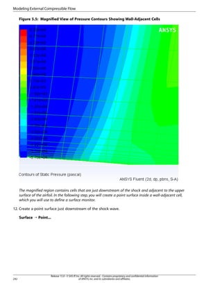 Modeling External Compressible Flow
Figure 5.5: Magnified View of Pressure Contours Showing Wall-Adjacent Cells

The magnified region contains cells that are just downstream of the shock and adjacent to the upper
surface of the airfoil. In the following step, you will create a point surface inside a wall-adjacent cell,
which you will use to define a surface monitor.
12. Create a point surface just downstream of the shock wave.
Surface ¡ Point...

242

Release 15.0 - © SAS IP, Inc. All rights reserved. - Contains proprietary and confidential information
of ANSYS, Inc. and its subsidiaries and affiliates.

 