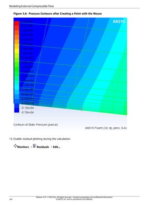 Modeling External Compressible Flow
Figure 5.6: Pressure Contours after Creating a Point with the Mouse

13. Enable residual plotting during the calculation.
Monitors ¡

244

Residuals ¡ Edit...

Release 15.0 - © SAS IP, Inc. All rights reserved. - Contains proprietary and confidential information
of ANSYS, Inc. and its subsidiaries and affiliates.

 
