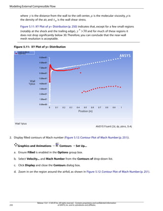 Modeling External Compressible Flow
is the molecular viscosity,

¢

¡

where is the distance from the wall to the cell center,
the density of the air, and
is the wall shear stress.

is

 

¤£

Figure 5.11: XY Plot of y+ Distribution (p. 250) indicates that, except for a few small regions
+
 and for much of these regions it
(notably at the shock and the trailing edge),
does not drop significantly below 30. Therefore, you can conclude that the near-wall
mesh resolution is acceptable.

¥

Figure 5.11: XY Plot of y+ Distribution

2. Display filled contours of Mach number (Figure 5.12: Contour Plot of Mach Number (p. 251)).
Graphics and Animations ¡

Contours ¡ Set Up...

a. Ensure Filled is enabled in the Options group box.
b. Select Velocity... and Mach Number from the Contours of drop-down list.
c. Click Display and close the Contours dialog box.
d. Zoom in on the region around the airfoil, as shown in Figure 5.12: Contour Plot of Mach Number (p. 251).

250

Release 15.0 - © SAS IP, Inc. All rights reserved. - Contains proprietary and confidential information
of ANSYS, Inc. and its subsidiaries and affiliates.

 