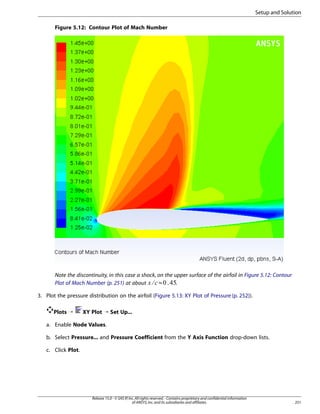 Setup and Solution
Figure 5.12: Contour Plot of Mach Number

Note the discontinuity, in this case a shock, on the upper surface of the airfoil in Figure 5.12: Contour
≈
Plot of Mach Number (p. 251) at about
.

¡  

3. Plot the pressure distribution on the airfoil (Figure 5.13: XY Plot of Pressure (p. 252)).
Plots ¡

XY Plot ¡ Set Up...

a. Enable Node Values.
b. Select Pressure... and Pressure Coefficient from the Y Axis Function drop-down lists.
c. Click Plot.

Release 15.0 - © SAS IP, Inc. All rights reserved. - Contains proprietary and confidential information
of ANSYS, Inc. and its subsidiaries and affiliates.

251

 