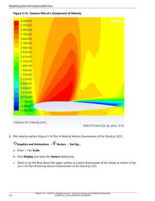 Modeling External Compressible Flow
Figure 5.15: Contour Plot of x Component of Velocity

6. Plot velocity vectors (Figure 5.16: Plot of Velocity Vectors Downstream of the Shock (p. 255)).
Graphics and Animations ¡

Vectors ¡ Set Up...

a. Enter 15 for Scale.
b. Click Display and close the Vectors dialog box.
c. Zoom in on the flow above the upper surface at a point downstream of the shock, as shown in Figure 5.16: Plot of Velocity Vectors Downstream of the Shock (p. 255).

254

Release 15.0 - © SAS IP, Inc. All rights reserved. - Contains proprietary and confidential information
of ANSYS, Inc. and its subsidiaries and affiliates.

 