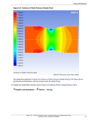 Setup and Solution
Figure 6.5: Contours of Static Pressure (Steady Flow)

The steady flow prediction in Figure 6.5: Contours of Static Pressure (Steady Flow) (p. 279) shows the expected pressure distribution, with low pressure near the nozzle throat.
13. Display the steady-flow velocity vectors (Figure 6.6: Velocity Vectors (Steady Flow) (p. 281)).
Graphics and Animations ¡

Vectors ¡ Set Up...

Release 15.0 - © SAS IP, Inc. All rights reserved. - Contains proprietary and confidential information
of ANSYS, Inc. and its subsidiaries and affiliates.

279

 