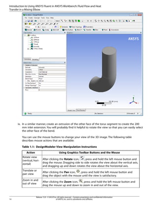Introduction to Using ANSYS Fluent in ANSYS Workbench: Fluid Flow and Heat
Transfer in a Mixing Elbow

ix. In a similar manner, create an extrusion of the other face of the torus segment to create the 200
mm inlet extension. You will probably find it helpful to rotate the view so that you can easily select
the other face of the bend.
You can use the mouse buttons to change your view of the 3D image. The following table
describes mouse actions that are available:
Table 1.1: DesignModeler View Manipulation Instructions
Action

Using Graphics Toolbar Buttons and the Mouse

Rotate view
(vertical, horizontal)
Translate or
pan view
Zoom in and
out of view

14

, press and hold the left mouse button and
After clicking the Rotate icon,
drag the mouse. Dragging side to side rotates the view about the vertical axis,
and dragging up and down rotates the view about the horizontal axis.
After clicking the Pan icon,
, press and hold the left mouse button and
drag the object with the mouse until the view is satisfactory.
After clicking the Zoom icon,
, press and hold the left mouse button and
drag the mouse up and down to zoom in and out of the view.

Release 15.0 - © SAS IP, Inc. All rights reserved. - Contains proprietary and confidential information
of ANSYS, Inc. and its subsidiaries and affiliates.

 