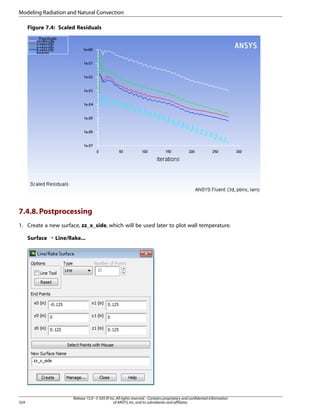 Modeling Radiation and Natural Convection
Figure 7.4: Scaled Residuals

7.4.8. Postprocessing
1. Create a new surface, zz_x_side, which will be used later to plot wall temperature.
Surface ¡ Line/Rake...

324

Release 15.0 - © SAS IP, Inc. All rights reserved. - Contains proprietary and confidential information
of ANSYS, Inc. and its subsidiaries and affiliates.

 