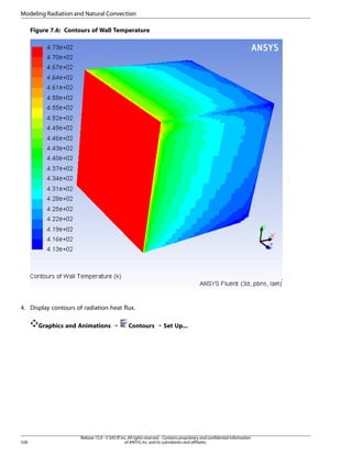 Modeling Radiation and Natural Convection
Figure 7.6: Contours of Wall Temperature

4. Display contours of radiation heat flux.
Graphics and Animations ¡

328

Contours ¡ Set Up...

Release 15.0 - © SAS IP, Inc. All rights reserved. - Contains proprietary and confidential information
of ANSYS, Inc. and its subsidiaries and affiliates.

 