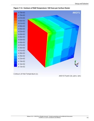 Setup and Solution
Figure 7.12: Contours of Wall Temperature: 100 Faces per Surface Cluster

Release 15.0 - © SAS IP, Inc. All rights reserved. - Contains proprietary and confidential information
of ANSYS, Inc. and its subsidiaries and affiliates.

343

 