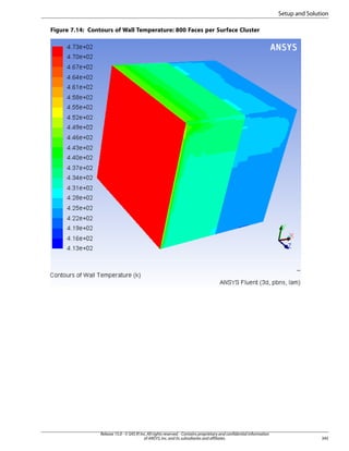 Setup and Solution
Figure 7.14: Contours of Wall Temperature: 800 Faces per Surface Cluster

Release 15.0 - © SAS IP, Inc. All rights reserved. - Contains proprietary and confidential information
of ANSYS, Inc. and its subsidiaries and affiliates.

345

 