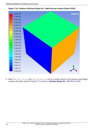 Modeling Radiation and Natural Convection
Figure 7.16: Contours of Surface Cluster ID—1600 Faces per Surface Cluster (FPSC)

9. Read rad_400.cas.gz and rad_400.dat.gz and, in a similar manner to the previous step, display
contours of surface cluster ID (Figure 7.17: Contours of Surface Cluster ID—400 FPSC (p. 349)).

348

Release 15.0 - © SAS IP, Inc. All rights reserved. - Contains proprietary and confidential information
of ANSYS, Inc. and its subsidiaries and affiliates.

 