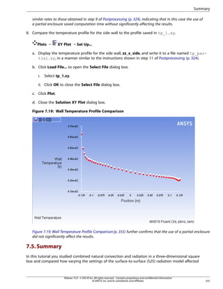 Summary
similar rates to those obtained in step 9 of Postprocessing (p. 324), indicating that in this case the use of
a partial enclosure saved computation time without significantly affecting the results.
8. Compare the temperature profile for the side wall to the profile saved in tp_1.xy.
Plots ¡

XY Plot ¡ Set Up...

a. Display the temperature profile for the side wall, zz_x_side, and write it to a file named tp_partial.xy, in a manner similar to the instructions shown in step 11 of Postprocessing (p. 324).
b. Click Load File... to open the Select File dialog box.
i.

Select tp_1.xy.

ii. Click OK to close the Select File dialog box.
c. Click Plot.
d. Close the Solution XY Plot dialog box.
Figure 7.19: Wall Temperature Profile Comparison

Figure 7.19: Wall Temperature Profile Comparison (p. 355) further confirms that the use of a partial enclosure
did not significantly affect the results.

7.5. Summary
In this tutorial you studied combined natural convection and radiation in a three-dimensional square
box and compared how varying the settings of the surface-to-surface (S2S) radiation model affected

Release 15.0 - © SAS IP, Inc. All rights reserved. - Contains proprietary and confidential information
of ANSYS, Inc. and its subsidiaries and affiliates.

355

 