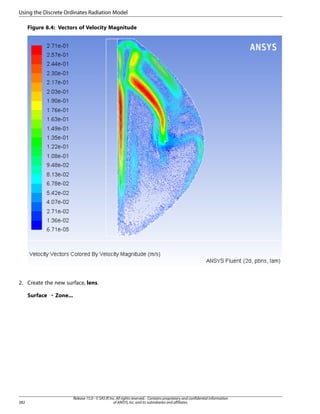 Using the Discrete Ordinates Radiation Model
Figure 8.4: Vectors of Velocity Magnitude

2. Create the new surface, lens.
Surface ¡ Zone...

382

Release 15.0 - © SAS IP, Inc. All rights reserved. - Contains proprietary and confidential information
of ANSYS, Inc. and its subsidiaries and affiliates.

 