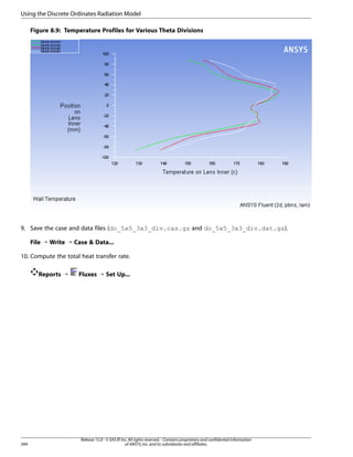 Using the Discrete Ordinates Radiation Model
Figure 8.9: Temperature Profiles for Various Theta Divisions

9. Save the case and data files (do_5x5_3x3_div.cas.gz and do_5x5_3x3_div.dat.gz).
File ¡ Write ¡ Case  Data...
10. Compute the total heat transfer rate.
Reports ¡

394

Fluxes ¡ Set Up...

Release 15.0 - © SAS IP, Inc. All rights reserved. - Contains proprietary and confidential information
of ANSYS, Inc. and its subsidiaries and affiliates.

 