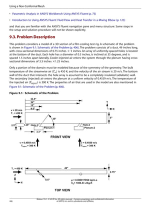 Using a Non-Conformal Mesh
• Parametric Analysis in ANSYS Workbench Using ANSYS Fluent (p. 73)
• Introduction to Using ANSYS Fluent: Fluid Flow and Heat Transfer in a Mixing Elbow (p. 123)
and that you are familiar with the ANSYS Fluent navigation pane and menu structure. Some steps in
the setup and solution procedure will not be shown explicitly.

9.3. Problem Description
This problem considers a model of a 3D section of a film cooling test rig. A schematic of the problem
is shown in Figure 9.1: Schematic of the Problem (p. 406). The problem consists of a duct, 49 inches long,
with cross-sectional dimensions of 0.75 inches × 5 inches. An array of uniformly-spaced holes is located
at the bottom of the duct. Each hole has a diameter of 0.5 inches, is inclined at 35 degrees, and is
spaced 1.5 inches apart laterally. Cooler injected air enters the system through the plenum having crosssectional dimensions of 3.3 inches × 1.25 inches.
Only a portion of the domain must be modeled because of the symmetry of the geometry. The bulk
temperature of the streamwise air ( ∞) is 450 K, and the velocity of the air stream is 20 m/s. The bottom
wall of the duct that intersects the hole array is assumed to be a completely insulated (adiabatic) wall.
The secondary (injected) air enters the plenum at a uniform velocity of 0.4559 m/s. The temperature of
) is 300 K. The properties of air that are used in the model are also mentioned in
the injected air (

 

§¦¥¤£¢¡

Figure 9.1: Schematic of the Problem (p. 406).
Figure 9.1: Schematic of the Problem

406

Release 15.0 - © SAS IP, Inc. All rights reserved. - Contains proprietary and confidential information
of ANSYS, Inc. and its subsidiaries and affiliates.

 
