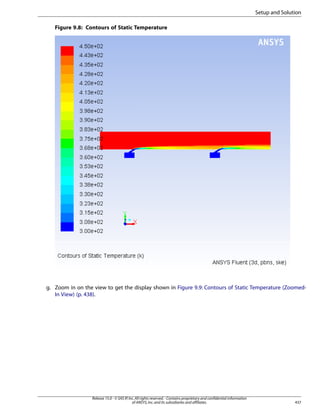 Setup and Solution
Figure 9.8: Contours of Static Temperature

g. Zoom in on the view to get the display shown in Figure 9.9: Contours of Static Temperature (ZoomedIn View) (p. 438).

Release 15.0 - © SAS IP, Inc. All rights reserved. - Contains proprietary and confidential information
of ANSYS, Inc. and its subsidiaries and affiliates.

437

 