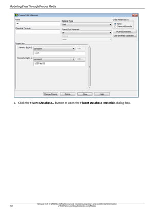 Modeling Flow Through Porous Media

a. Click the Fluent Database... button to open the Fluent Database Materials dialog box.

452

Release 15.0 - © SAS IP, Inc. All rights reserved. - Contains proprietary and confidential information
of ANSYS, Inc. and its subsidiaries and affiliates.

 