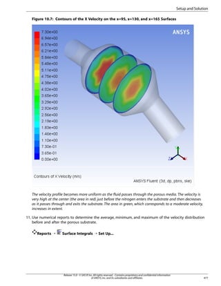 Setup and Solution
Figure 10.7: Contours of the X Velocity on the x=95, x=130, and x=165 Surfaces

The velocity profile becomes more uniform as the fluid passes through the porous media. The velocity is
very high at the center (the area in red) just before the nitrogen enters the substrate and then decreases
as it passes through and exits the substrate. The area in green, which corresponds to a moderate velocity,
increases in extent.
11. Use numerical reports to determine the average, minimum, and maximum of the velocity distribution
before and after the porous substrate.
Reports ¡

Surface Integrals ¡ Set Up...

Release 15.0 - © SAS IP, Inc. All rights reserved. - Contains proprietary and confidential information
of ANSYS, Inc. and its subsidiaries and affiliates.

477

 