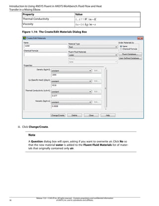 Introduction to Using ANSYS Fluent in ANSYS Workbench: Fluid Flow and Heat
Transfer in a Mixing Elbow
Value

Thermal Conductivity

0.677

Viscosity

8e-04

−

¦ ¥ ¤£
¢ ¡ 

Property

−

Figure 1.14: The Create/Edit Materials Dialog Box

iii. Click Change/Create.

Note
A Question dialog box will open, asking if you want to overwrite air. Click No so
that the new material water is added to the Fluent Fluid Materials list of materials that originally contained only air.

36

Release 15.0 - © SAS IP, Inc. All rights reserved. - Contains proprietary and confidential information
of ANSYS, Inc. and its subsidiaries and affiliates.

 
