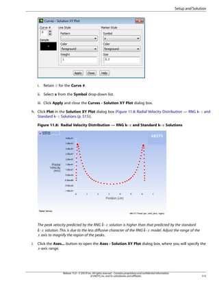 Setup and Solution

i.

Retain 0 for the Curve #.

ii. Select x from the Symbol drop-down list.
iii. Click Apply and close the Curves - Solution XY Plot dialog box.
h. Click Plot in the Solution XY Plot dialog box (Figure 11.8: Radial Velocity Distribution — RNG k- ε and
Standard k- ε Solutions (p. 515)).
Figure 11.8: Radial Velocity Distribution — RNG k- ε and Standard k- ε Solutions

The peak velocity predicted by the RNG - solution is higher than that predicted by the standard
- solution. This is due to the less diffusive character of the RNG - model. Adjust the range of the
axis to magnify the region of the peaks.

¡  

¥ ¤

¦
£ ¢

Click the Axes... button to open the Axes - Solution XY Plot dialog box, where you will specify the
-axis range.

§

i.

Release 15.0 - © SAS IP, Inc. All rights reserved. - Contains proprietary and confidential information
of ANSYS, Inc. and its subsidiaries and affiliates.

515

 