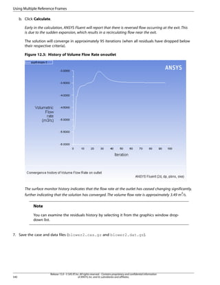 Using Multiple Reference Frames
b. Click Calculate.
Early in the calculation, ANSYS Fluent will report that there is reversed flow occurring at the exit. This
is due to the sudden expansion, which results in a recirculating flow near the exit.
The solution will converge in approximately 95 iterations (when all residuals have dropped below
their respective criteria).
Figure 12.3: History of Volume Flow Rate on outlet

The surface monitor history indicates that the flow rate at the outlet has ceased changing significantly,
further indicating that the solution has converged. The volume flow rate is approximately 3.49 m3/s.

Note
You can examine the residuals history by selecting it from the graphics window dropdown list.

7. Save the case and data files (blower2.cas.gz and blower2.dat.gz).

540

Release 15.0 - © SAS IP, Inc. All rights reserved. - Contains proprietary and confidential information
of ANSYS, Inc. and its subsidiaries and affiliates.

 