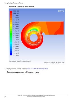 Using Multiple Reference Frames
Figure 12.4: Contours of Static Pressure

2. Display absolute velocity vectors (Figure 12.5: Velocity Vectors (p. 544)).
Graphics and Animations ¡

542

Vectors ¡ Set Up...

Release 15.0 - © SAS IP, Inc. All rights reserved. - Contains proprietary and confidential information
of ANSYS, Inc. and its subsidiaries and affiliates.

 