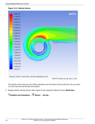 Using Multiple Reference Frames
Figure 12.5: Velocity Vectors

The velocity vectors show an area of flow separation near the bottom of the outlet duct. You can zoom
in on this area and see the flow recirculation.
3. Display relative velocity vectors with respect to the rotational reference frame (fluid-rotor).
Graphics and Animations ¡

544

Vectors ¡ Set Up...

Release 15.0 - © SAS IP, Inc. All rights reserved. - Contains proprietary and confidential information
of ANSYS, Inc. and its subsidiaries and affiliates.

 